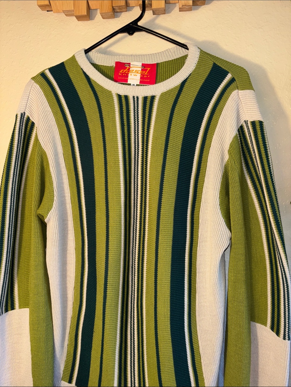 VINTAGE Diesel knitwear sweater featuring green, olive, and cream vertical strip - Picture 3 of 11